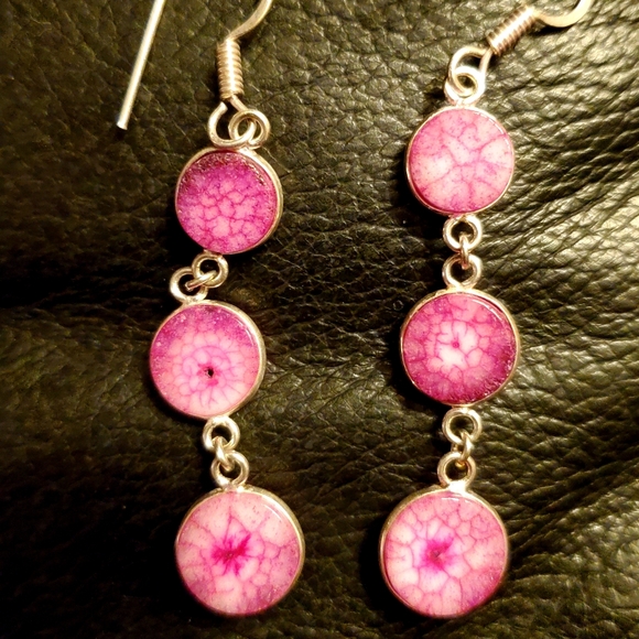 New 3 Pink Solar Quartz Agate Drop Silver Earrings. - Picture 3 of 11